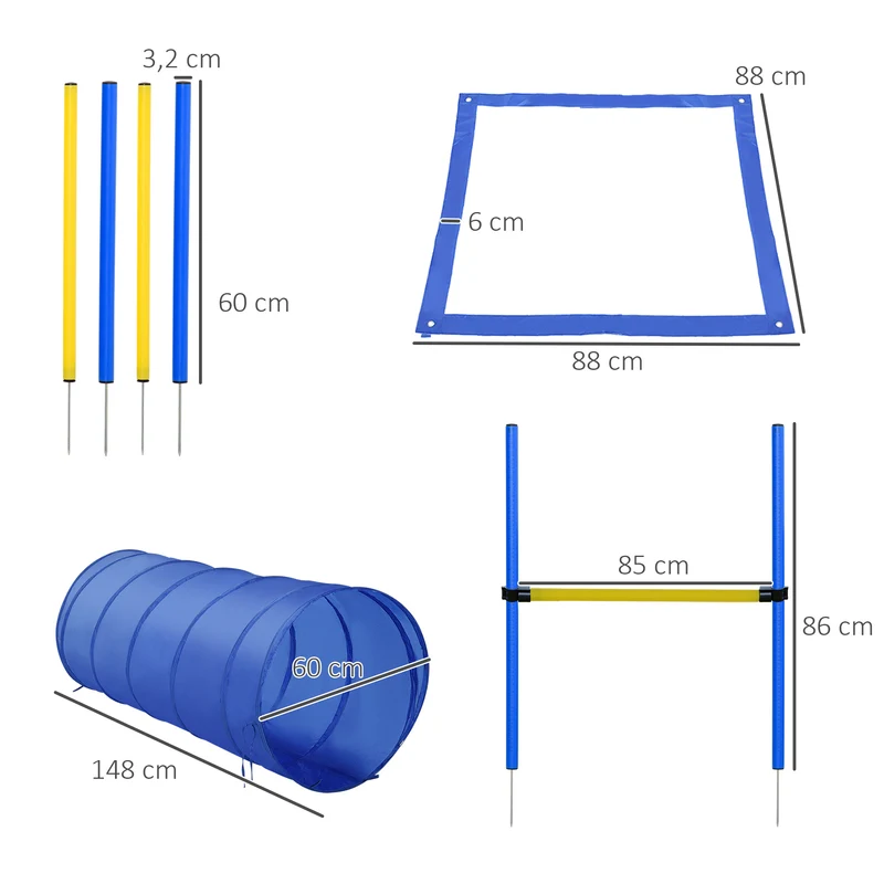 Kit d'agilité pour chiens parcours complet 148 x 60 x 60 cm hauteur réglable endurance scandinave extérieur en PP bleu 21_0007511
