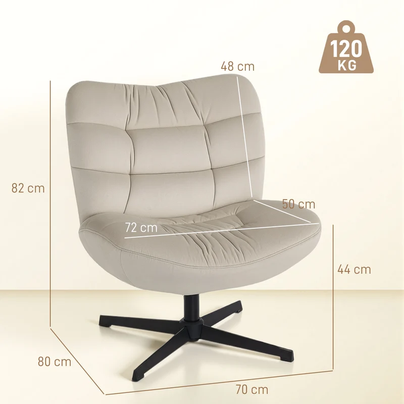 Fauteuil pivotant de salon sans accoudoirs 70 x 80 x 82 cm assise large rembourrée 360° minimaliste en chenille crème 21_0003591