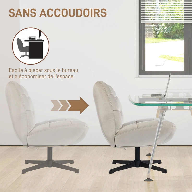 Fauteuil pivotant de salon sans accoudoirs 70 x 80 x 82 cm assise large rembourrée 360° minimaliste en chenille crème 21_0003591