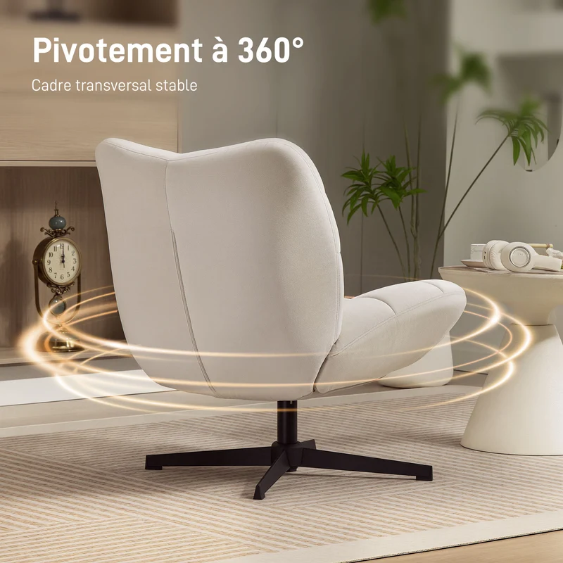 Fauteuil pivotant de salon sans accoudoirs 70 x 80 x 82 cm assise large rembourrée 360° minimaliste en chenille crème 21_0003591