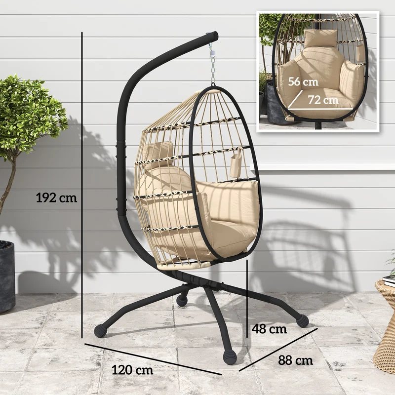 Fauteuil oeuf suspendu 120 x 88 x 192 cm coussin 20 cm porte-gobelet panier pliant assise cosy scandinave en PP kaki 21_0004528