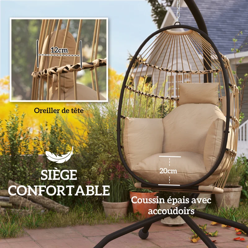 Fauteuil oeuf suspendu 120 x 88 x 192 cm coussin 20 cm porte-gobelet panier pliant assise cosy scandinave en PP kaki 21_0004528