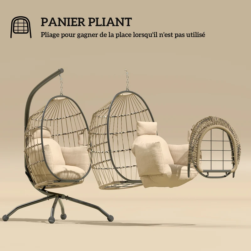 Fauteuil oeuf suspendu 120 x 88 x 192 cm coussin 20 cm porte-gobelet panier pliant assise cosy scandinave en PP kaki 21_0004528