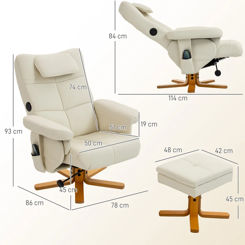 Fauteuil massant inclinable et repose-pied 78 x 86 x 93 cm rangement massage 6 points contemporain en synthétique crème 21_0000828