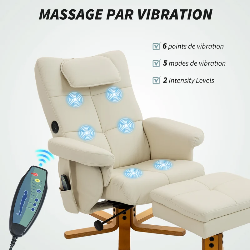 Fauteuil massant inclinable et repose-pied 78 x 86 x 93 cm rangement massage 6 points contemporain en synthétique crème 21_0000828