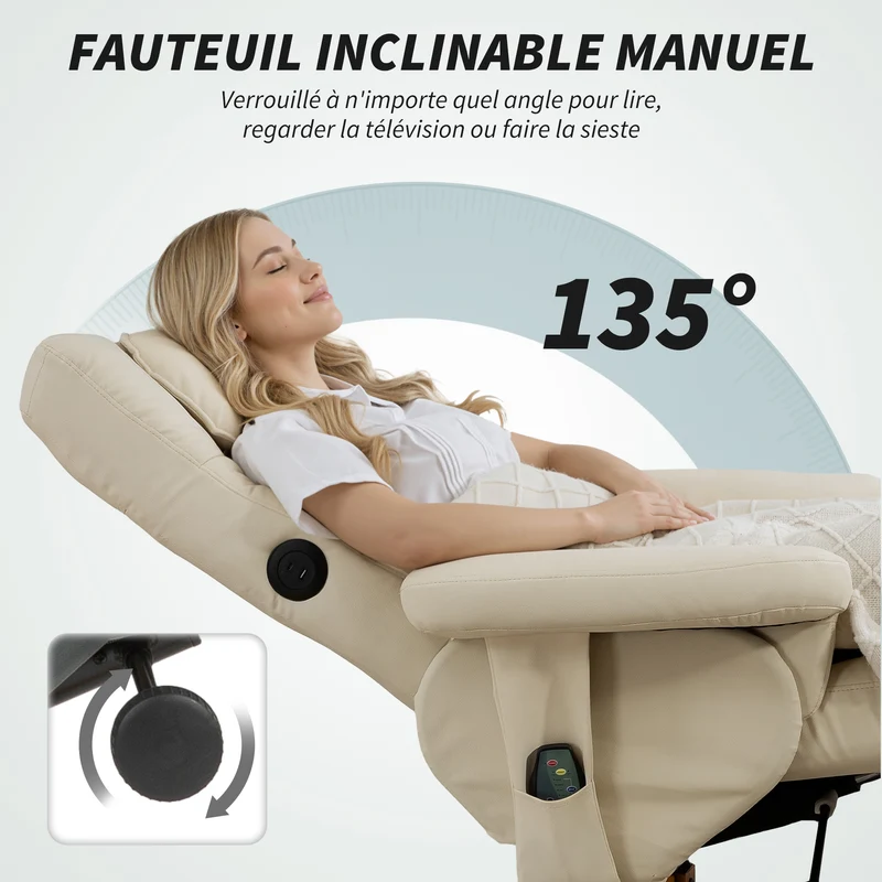 Fauteuil massant inclinable et repose-pied 78 x 86 x 93 cm rangement massage 6 points contemporain en synthétique crème 21_0000828