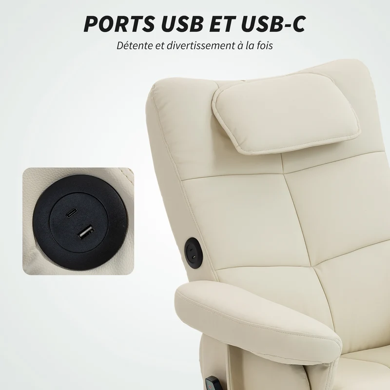 Fauteuil massant inclinable et repose-pied 78 x 86 x 93 cm rangement massage 6 points contemporain en synthétique crème 21_0000828