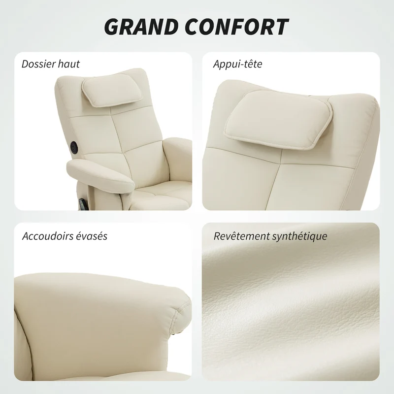 Fauteuil massant inclinable et repose-pied 78 x 86 x 93 cm rangement massage 6 points contemporain en synthétique crème 21_0000828