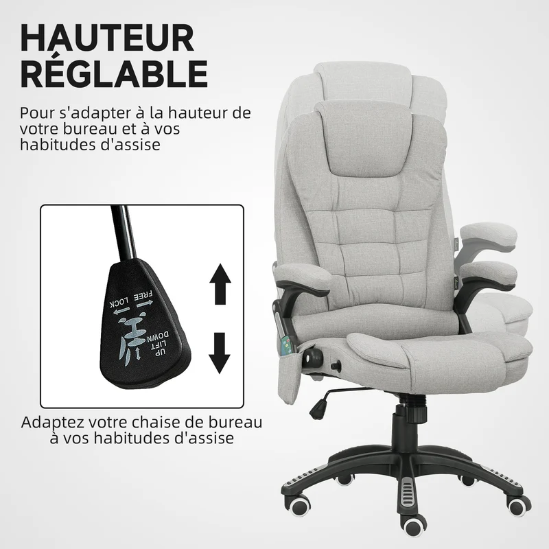 Fauteuil de bureau massant et chauffant 68 x 72 x 110-120 cm inclinable pivotant 360° moderne en polyester gris clair 21_0006156