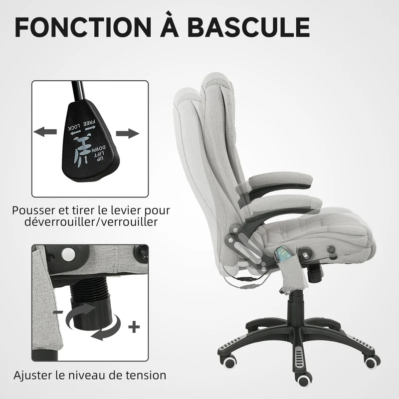 Fauteuil de bureau massant et chauffant 68 x 72 x 110-120 cm inclinable pivotant 360° moderne en polyester gris clair 21_0006156