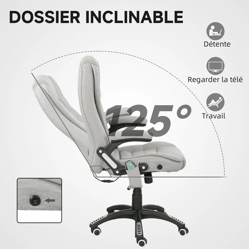 Fauteuil de bureau massant et chauffant 68 x 72 x 110-120 cm inclinable pivotant 360° moderne en polyester gris clair 21_0006156