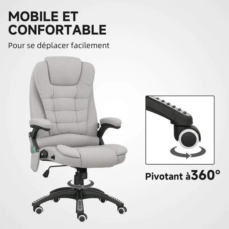 Fauteuil de bureau massant et chauffant 68 x 72 x 110-120 cm inclinable pivotant 360° moderne en polyester gris clair 21_0006156
