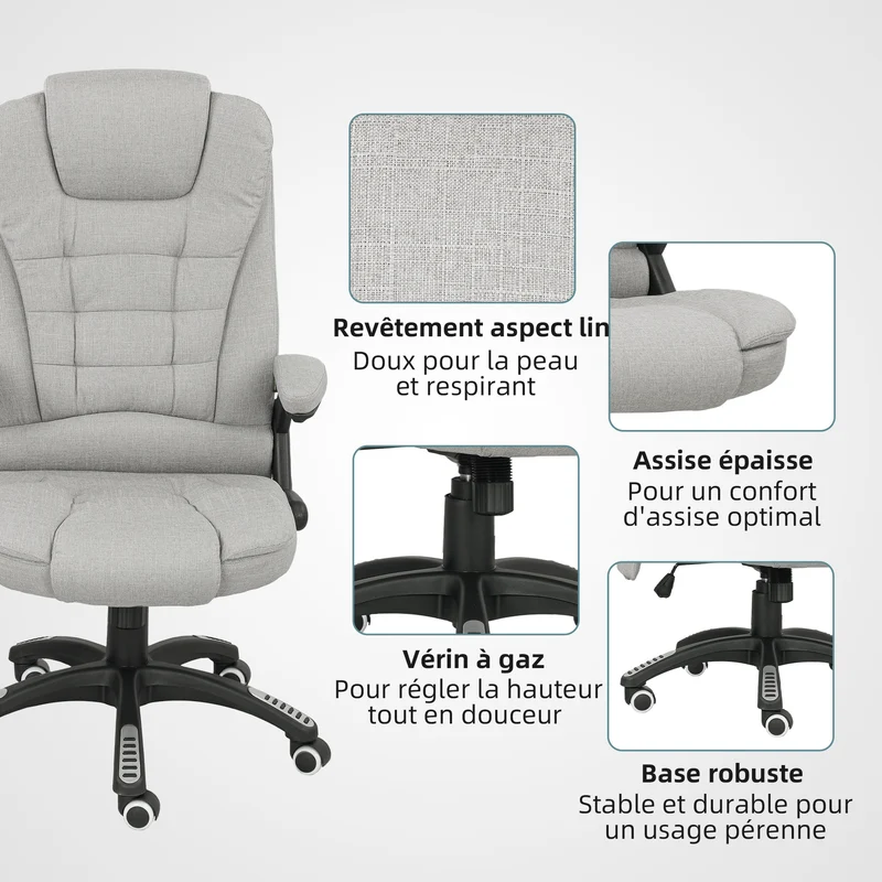 Fauteuil de bureau massant et chauffant 68 x 72 x 110-120 cm inclinable pivotant 360° moderne en polyester gris clair 21_0006156