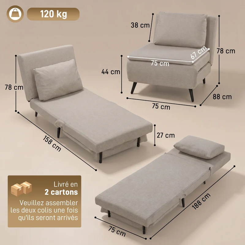 Fauteuil convertible 1 place 3 en 1 assise pliable 75 x 88 x 78 cm gain de place cosy tendance en polyester marron clair 21_0003675