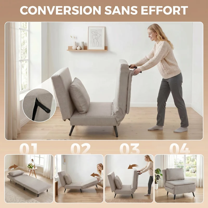 Fauteuil convertible 1 place 3 en 1 assise pliable 75 x 88 x 78 cm gain de place cosy tendance en polyester marron clair 21_0003675