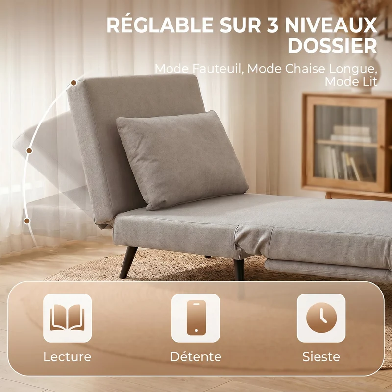 Fauteuil convertible 1 place 3 en 1 assise pliable 75 x 88 x 78 cm gain de place cosy tendance en polyester marron clair 21_0003675