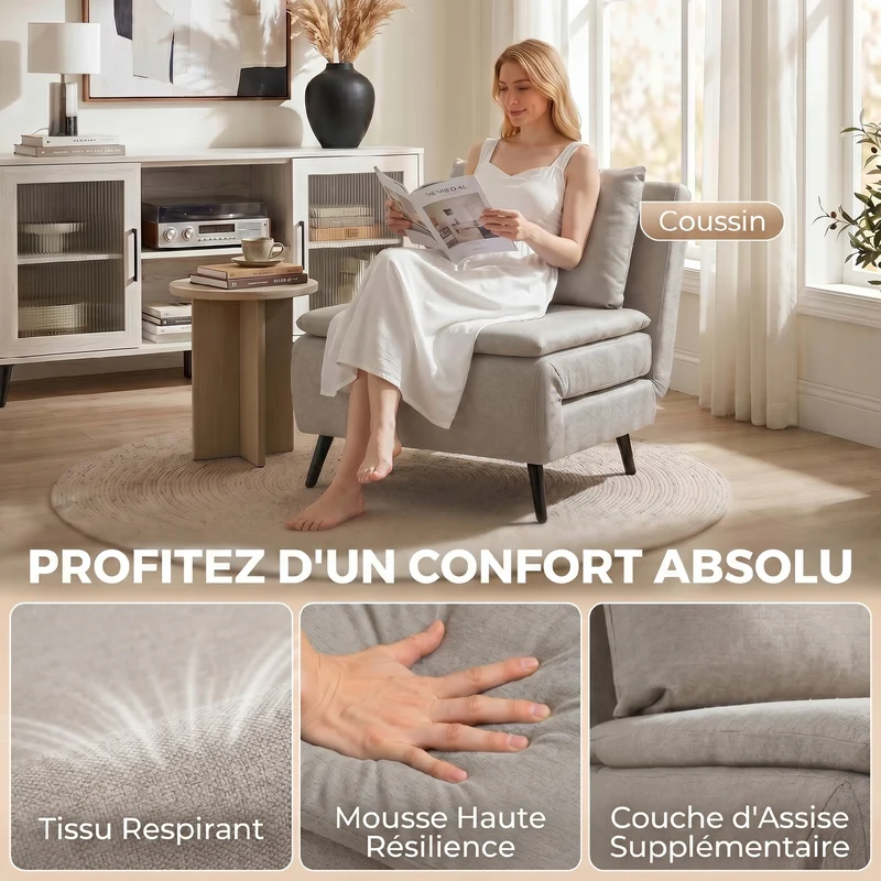 Fauteuil convertible 1 place 3 en 1 assise pliable 75 x 88 x 78 cm gain de place cosy tendance en polyester marron clair 21_0003675
