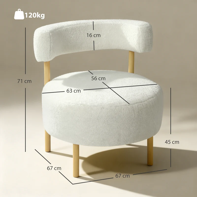 Fauteuil 1 place dossier incurvé 67 x 67 x 71 cm assise rembourrée scandinave contemporain en tissu bouclette crème 21_0003598
