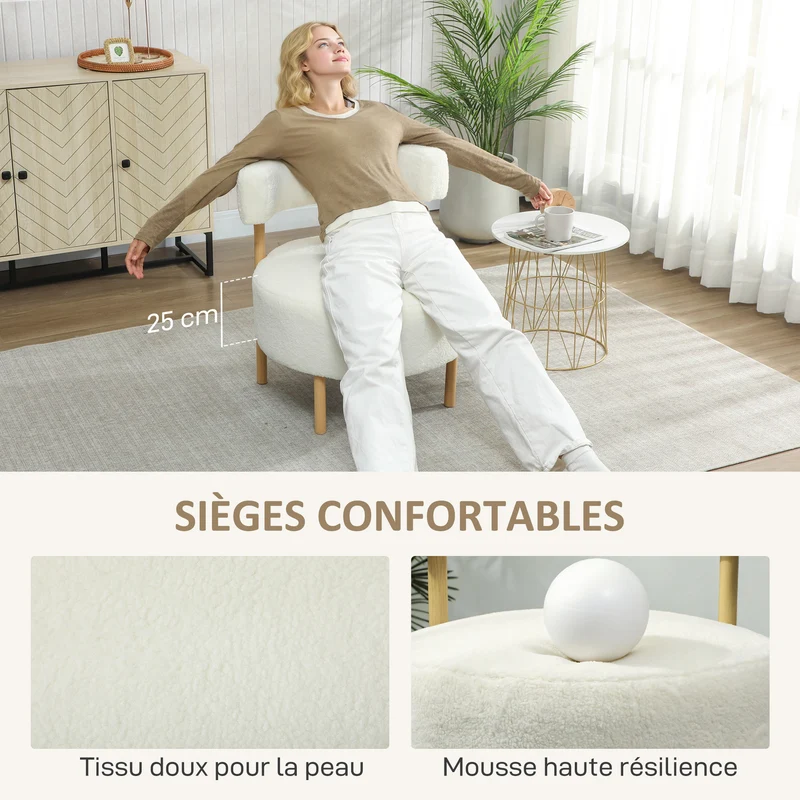 Fauteuil 1 place dossier incurvé 67 x 67 x 71 cm assise rembourrée scandinave contemporain en tissu bouclette crème 21_0003598