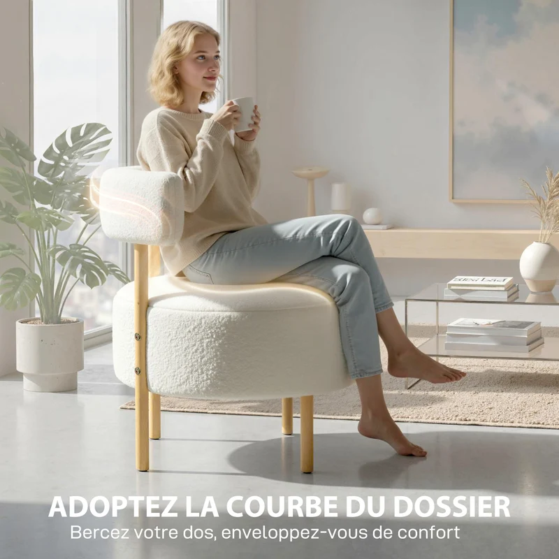 Fauteuil 1 place dossier incurvé 67 x 67 x 71 cm assise rembourrée scandinave contemporain en tissu bouclette crème 21_0003598