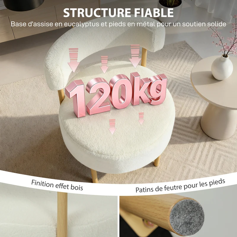 Fauteuil 1 place dossier incurvé 67 x 67 x 71 cm assise rembourrée scandinave contemporain en tissu bouclette crème 21_0003598
