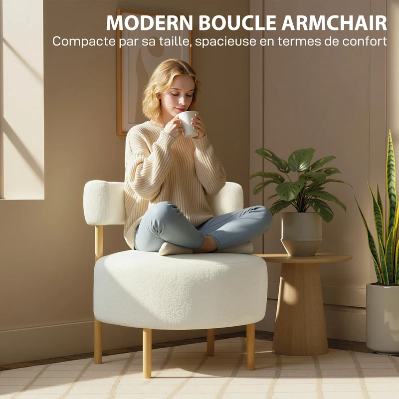Fauteuil 1 place dossier incurvé 67 x 67 x 71 cm assise rembourrée scandinave contemporain en tissu bouclette crème 21_0003598