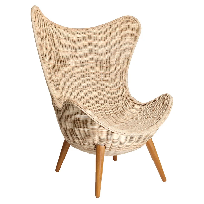 Contemporary Nordic Handwoven Rattan Weaving Solid Wood Legs Accent Chair With High Backrest - Lounge Chair For Indoor & Outdoor Living