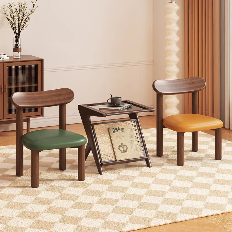 Traditional Chinese Faux Leather Pine Wood Curved Cylindrical Low Stool With Backrest For Living Room