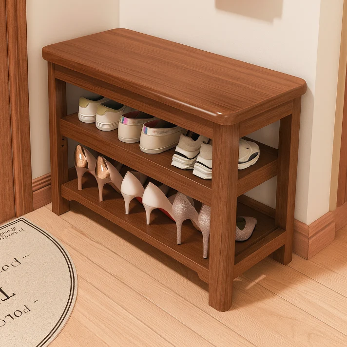 Traditional Vintage Solid Wood Multi-Layer Board Rubber Wood PU Leather Rectangular Shoe Bench 2-Tier For Living Room