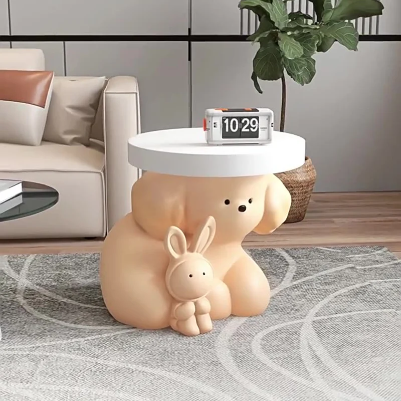 Modern Art Deco Resin Dog & Rabbit-Shaped Round End Table With 1-Tier For Living Room