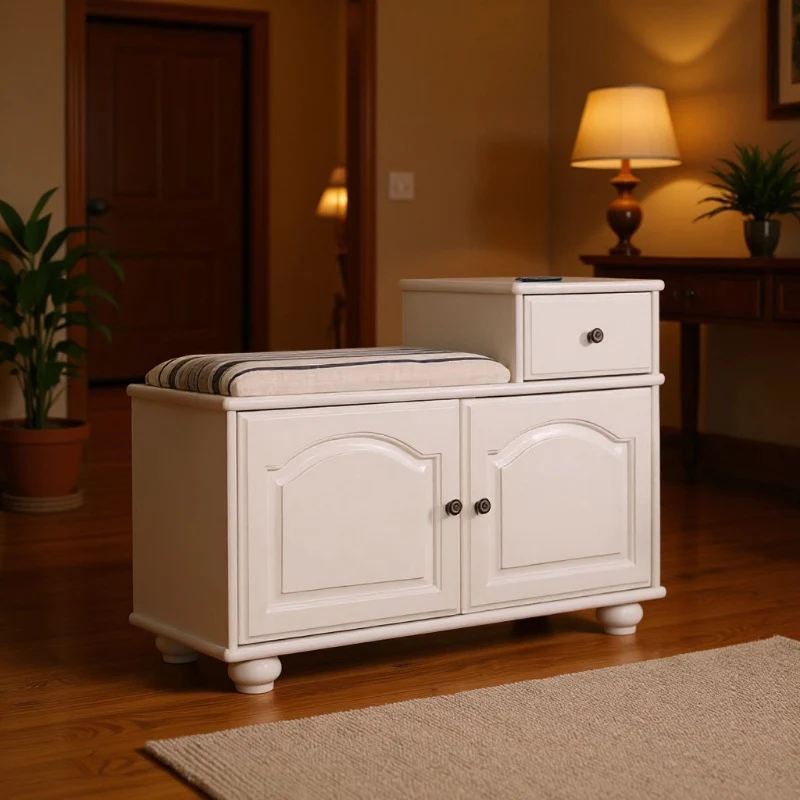 Traditional Vintage Rectangular Solid Wood Medium Density Fiberboard Fabric Sponge Storage Cabinet 4-Leg 2-Cabinet 1-Drawer For Entryways