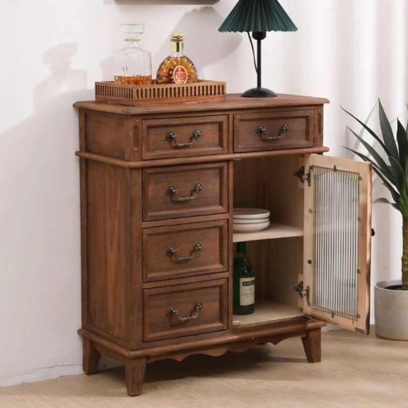 Modern Minimalist Rectangular Solid Wood Rattan Glass Storage Cabinet 5-Drawer 2-Cabinet 4-Leg For Living Room
