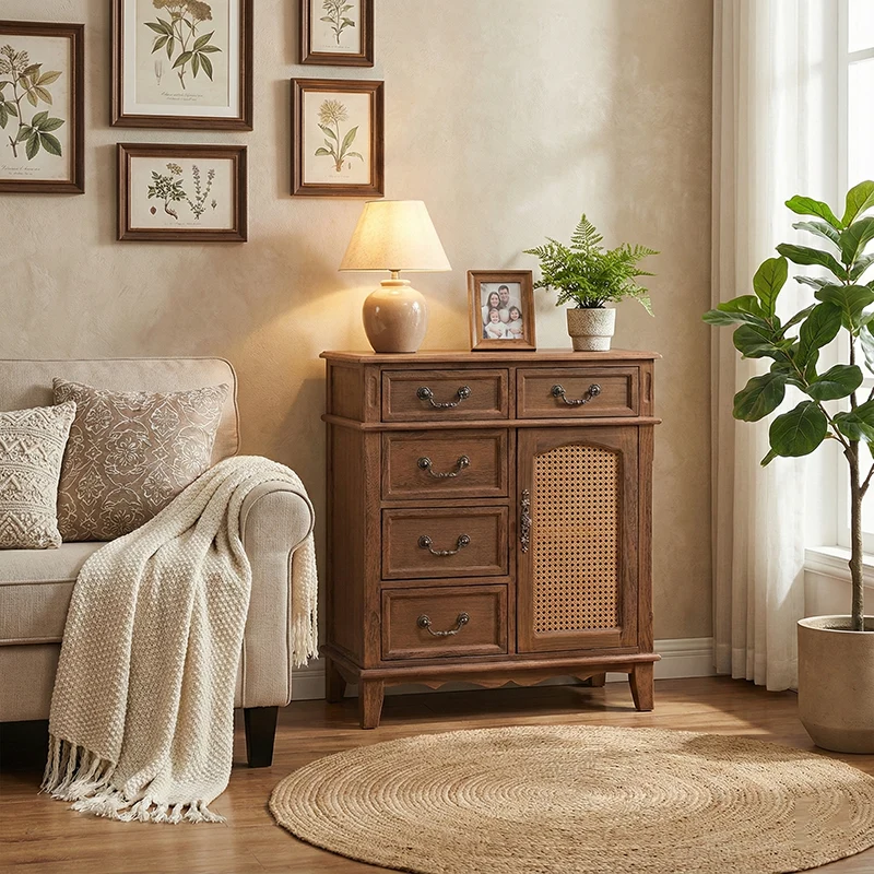 Modern Minimalist Rectangular Solid Wood Rattan Glass Storage Cabinet 5-Drawer 2-Cabinet 4-Leg For Living Room