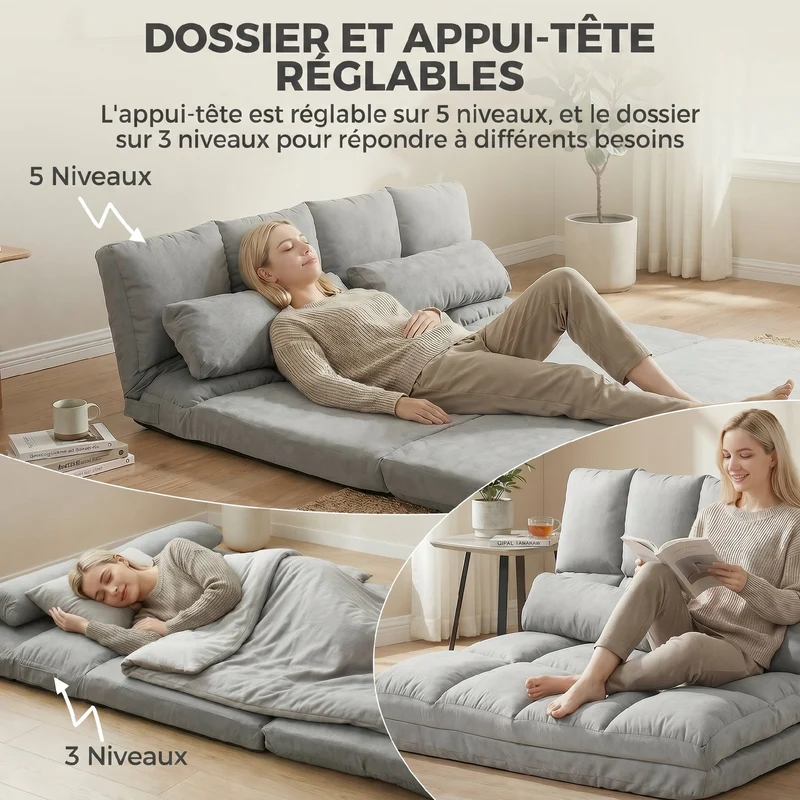 Chauffeuse convertible 2 places 102 x 73 x 60 cm dossier réglable multipositions contemporain cosy en polyester gris 21_0001823