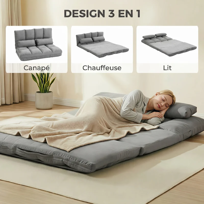 Chauffeuse convertible 2 places 102 x 73 x 60 cm dossier réglable multipositions contemporain cosy en polyester gris 21_0001823