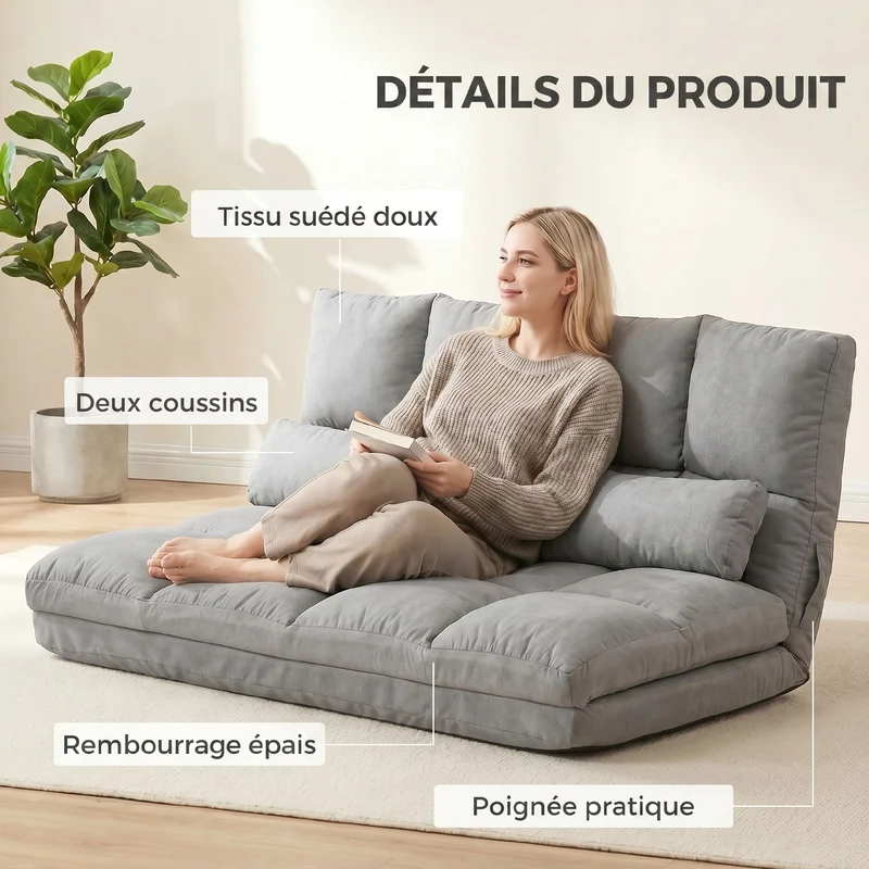 Chauffeuse convertible 2 places 102 x 73 x 60 cm dossier réglable multipositions contemporain cosy en polyester gris 21_0001823