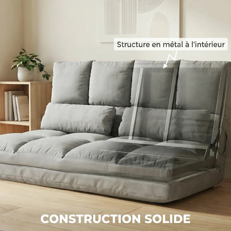 Chauffeuse convertible 2 places 102 x 73 x 60 cm dossier réglable multipositions contemporain cosy en polyester gris 21_0001823