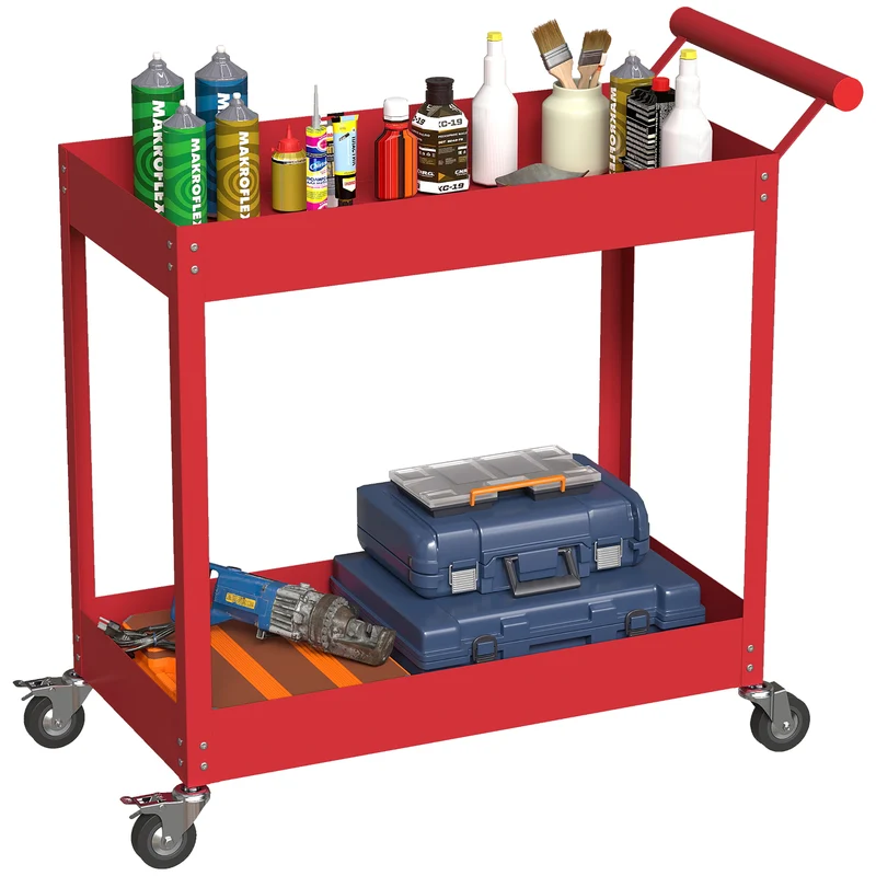 Chariot d'atelier servante 2 niveaux 84,5 x 38 x 84 cm rangement roulettes freinables style industriel en acier rouge 21_0006978