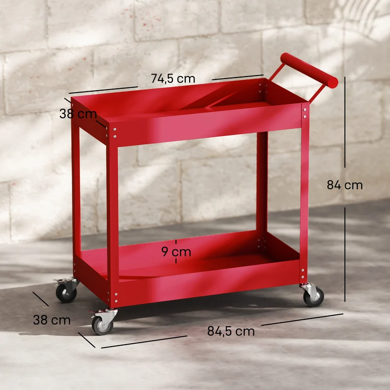 Chariot d'atelier servante 2 niveaux 84,5 x 38 x 84 cm rangement roulettes freinables style industriel en acier rouge 21_0006978