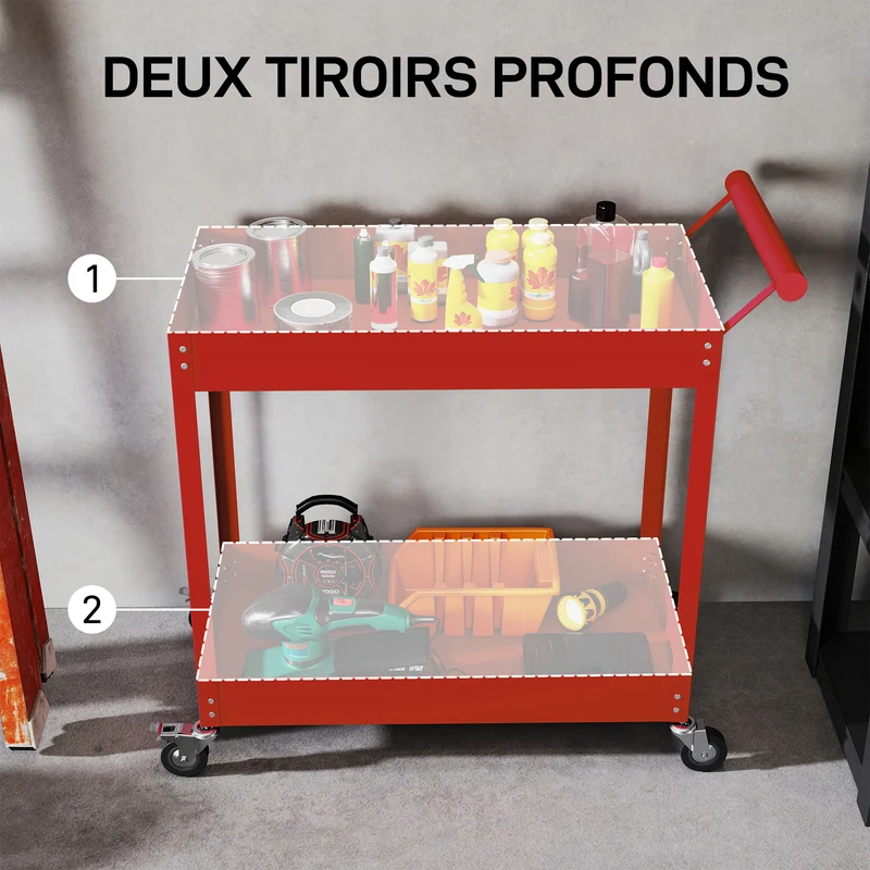Chariot d'atelier servante 2 niveaux 84,5 x 38 x 84 cm rangement roulettes freinables style industriel en acier rouge 21_0006978
