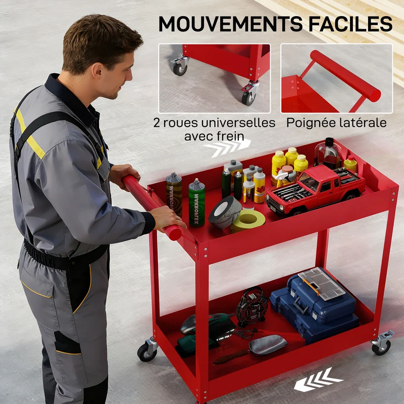 Chariot d'atelier servante 2 niveaux 84,5 x 38 x 84 cm rangement roulettes freinables style industriel en acier rouge 21_0006978