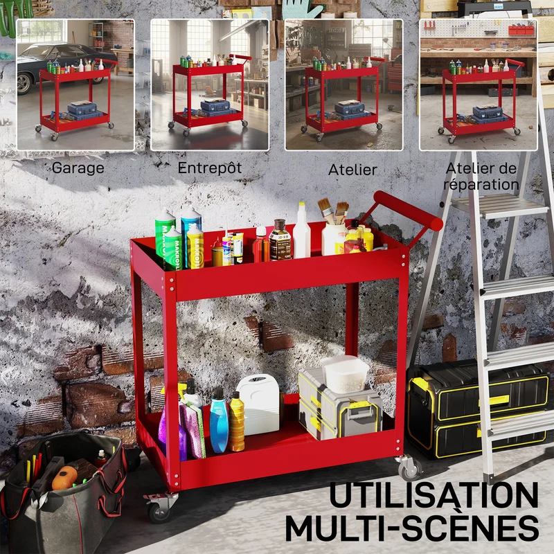 Chariot d'atelier servante 2 niveaux 84,5 x 38 x 84 cm rangement roulettes freinables style industriel en acier rouge 21_0006978