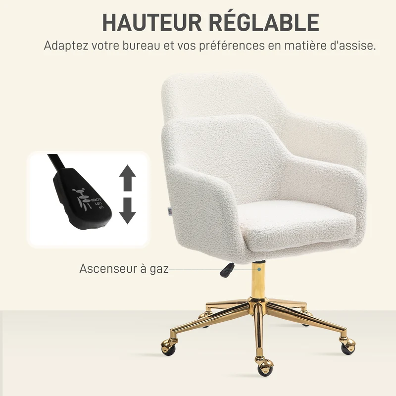 Chaise de bureau ergonomique 60 x 61 x 79-88 cm hauteur réglable assise pivotante 360° moderne cosy en polyester crème 21_0006270