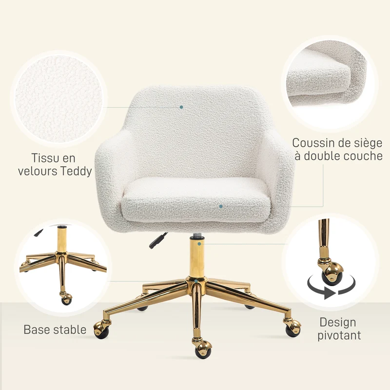 Chaise de bureau ergonomique 60 x 61 x 79-88 cm hauteur réglable assise pivotante 360° moderne cosy en polyester crème 21_0006270