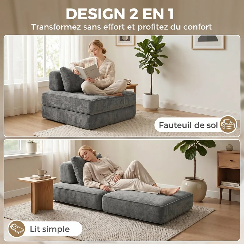 Canapé-lit chauffeuse 1 place convertible en lit 97 x 97 x 70 cm mousse haute densité moderne salon en chenille gris 21_0003673