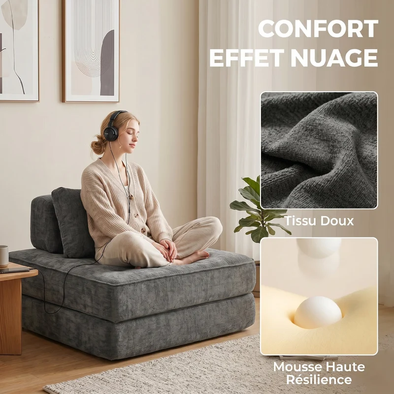 Canapé-lit chauffeuse 1 place convertible en lit 97 x 97 x 70 cm mousse haute densité moderne salon en chenille gris 21_0003673