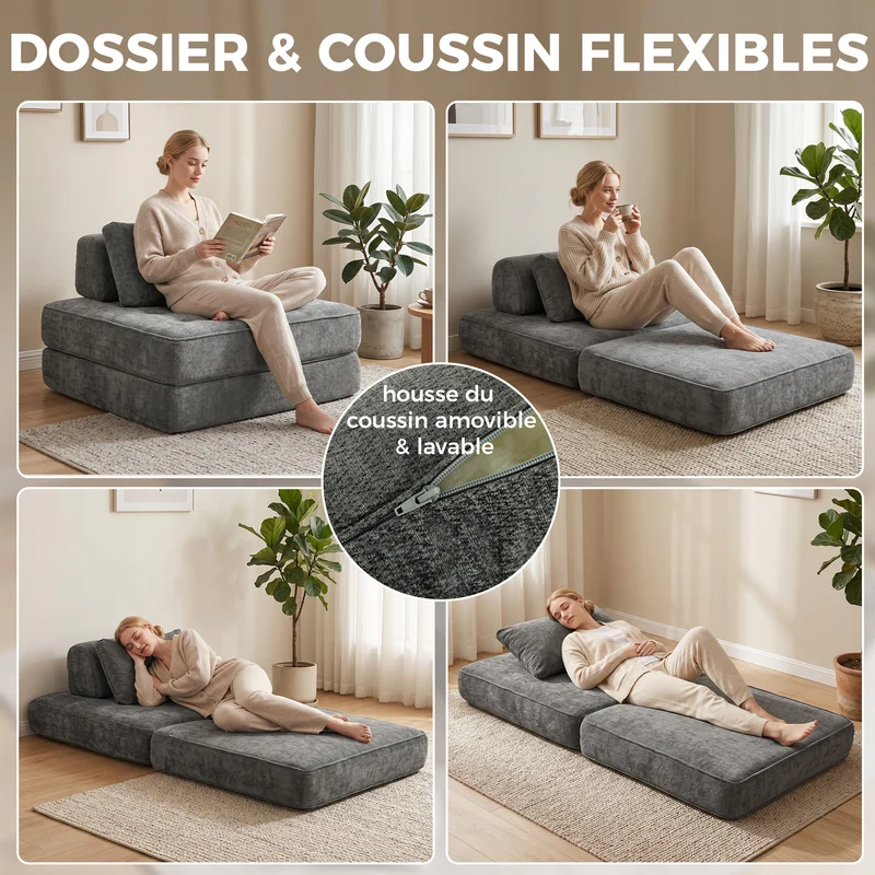 Canapé-lit chauffeuse 1 place convertible en lit 97 x 97 x 70 cm mousse haute densité moderne salon en chenille gris 21_0003673