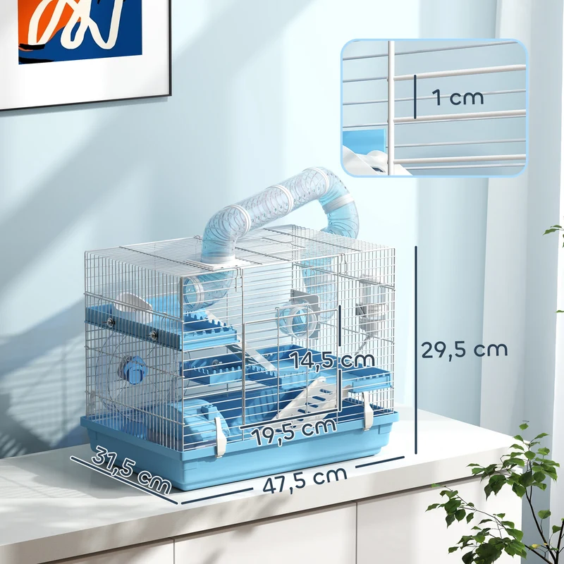 Cage pour hamster transportable 3 niveaux 47,5 x 31,5 x 29,5 cm avec roue et hutte moderne épuré en acier bleu clair 21_0008008