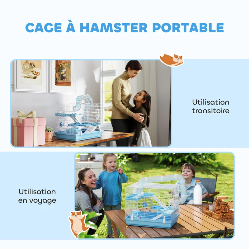 Cage pour hamster transportable 3 niveaux 47,5 x 31,5 x 29,5 cm avec roue et hutte moderne épuré en acier bleu clair 21_0008008
