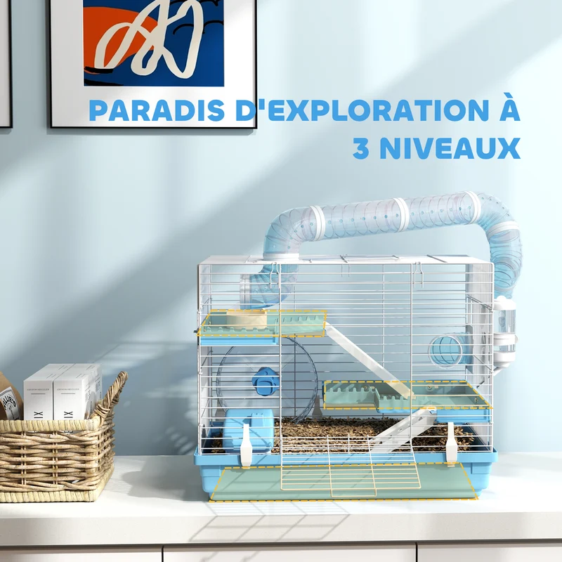 Cage pour hamster transportable 3 niveaux 47,5 x 31,5 x 29,5 cm avec roue et hutte moderne épuré en acier bleu clair 21_0008008